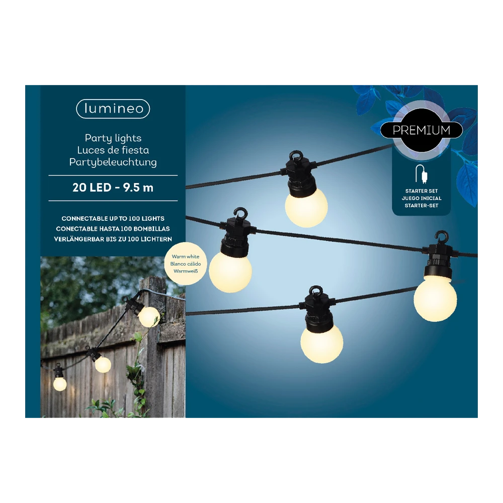 Lumineo Feestverlichting Lichtsnoer - Bolvorm- 950cm - 20 LEDS - Warm Wit